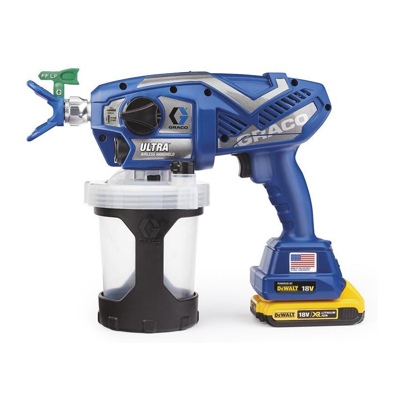 17M366 GRACO ULTRA AIRLES dažymo pistoletas ( 2 x DEWALT 2AH akumuliatorius + įkroviklis ) + dėklas