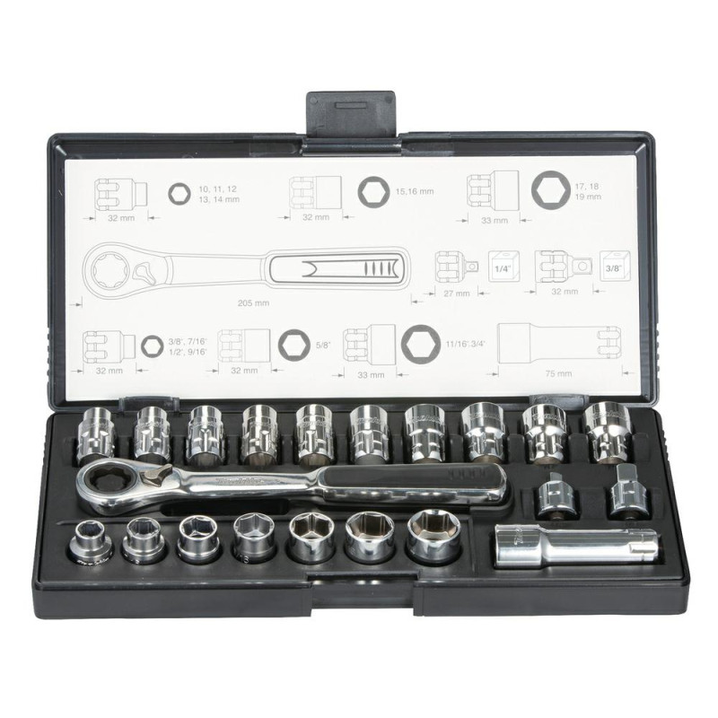 B-65604 MAKITA Galvučių rinkinys + veržliarakčių rinkinys su adapteriu 1/4" 3/8" 21 vnt.