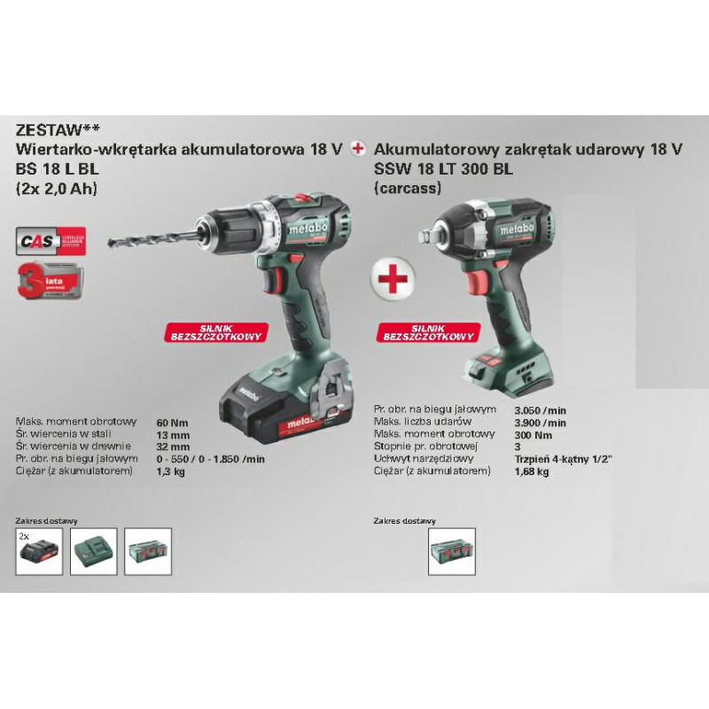 PL2220091 METABO.COMBO 18V RINKINYS (BS 18 L BL + SSW 18 LT 300 BL) 2x2.0Ah %%%