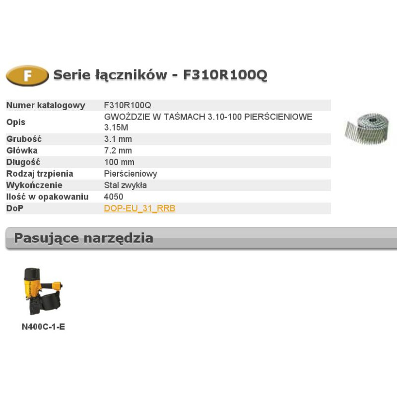 F310R100Q BOSTITCH NAILS F 3.10-100 R Q 4.05m ...