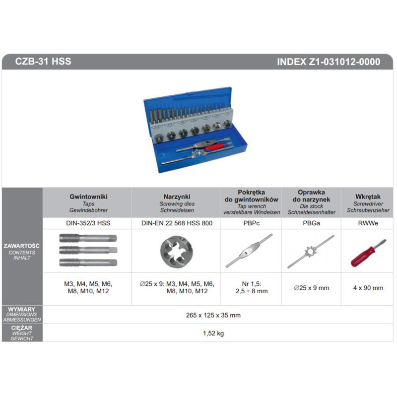 Z2-031012-0000 FANAR TAPPING TAPPERS+TOOLS kpl. 31cz M3-M12, CZB-31 INOX...