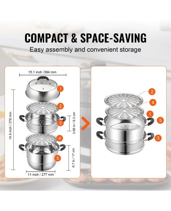 11 colių / 28 cm garų puodas, 3 pakopų puodas su 8,5 QT atsarginiu puodu, 304 nerūdijančio plieno
