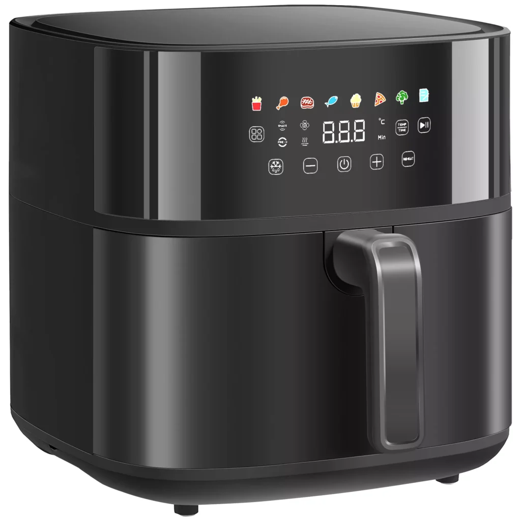 HOMCOM 8L karšto oro gruzdintuvė Airfryer su 8 nustatymais, 60 min laikmačiu, 360° karšto oro cirkuliacija, 1700W gruzdintuvė be aliejaus, su apsauga nuo perkaitimo, LED jutiklinis ekranas, juoda