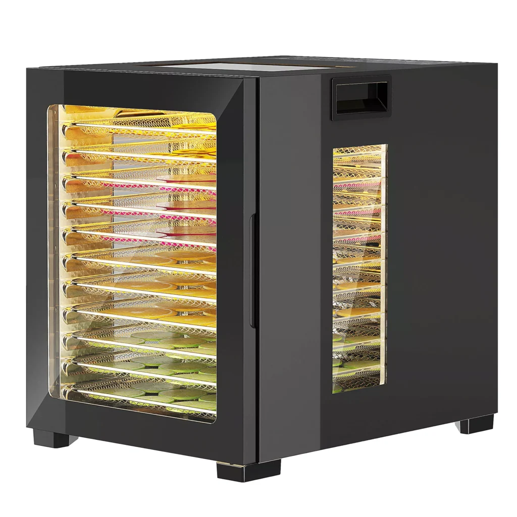 HOMCOM Džiovintuvas, 850 W, 40–70 °C temperatūros reguliatorius, 48 valandų laikmatis, 12 nerūdijančio plieno padėklų, juodas