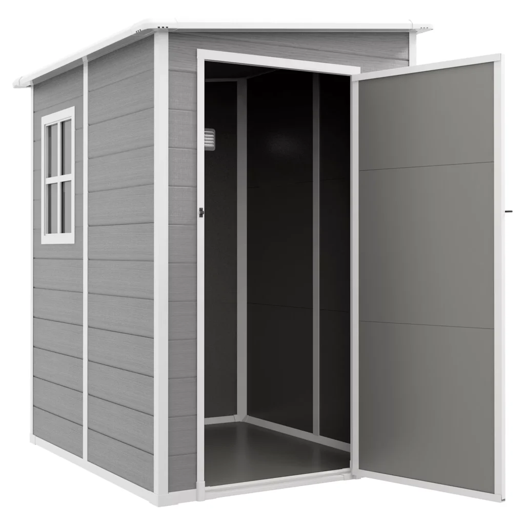 Sandėliukas 1,54 m³ | Sodo Namelis su Vienšlaičiu Stogu, 122 x 149 x 192/177 cm, Rakinamos Durys ir Langu, Dviračių Garažas, Pilka