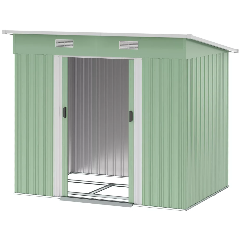 Outsunny Metalinis sodo namelis įrankiams 2,3 m², 207 x 130 x 182 cm, šlaitinis stogas, langas, pamatas, stumdomos durys, atsparus oro sąlygoms, lauko sodo namelis kiemui, žalias