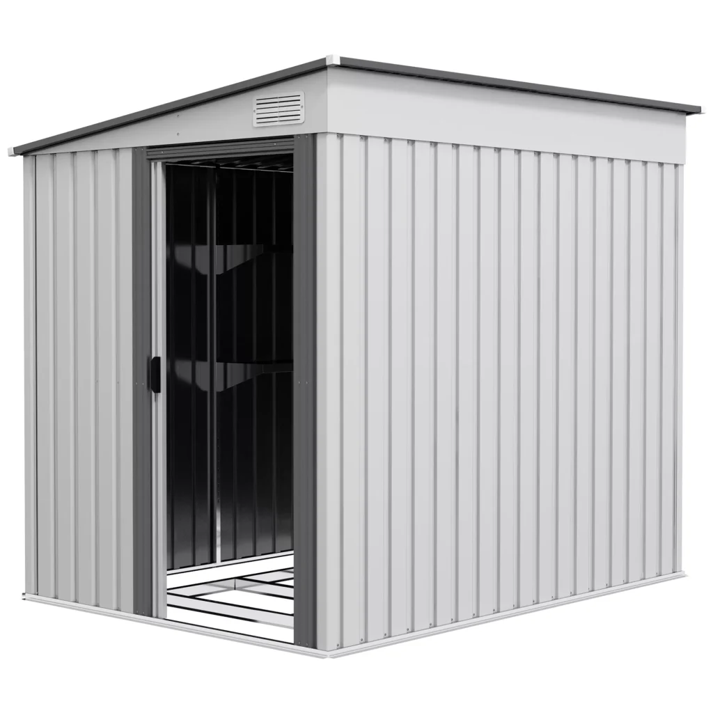 Outsunny Metalinis įrankių namelis 2,81 m² 154x206,5x181 cm, įrankių laikymo patalpa su vienšlaičiu stogu ir pamatu