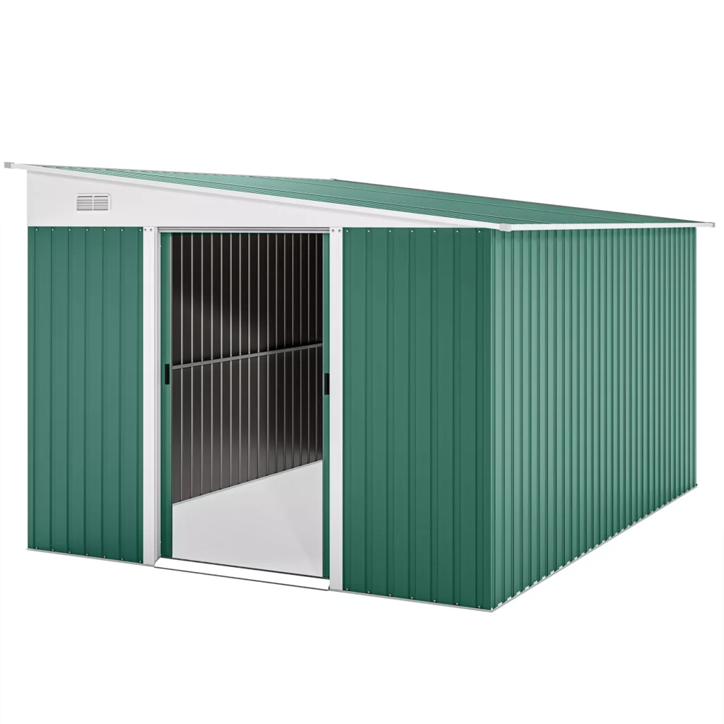 Outsunny Metal Garden Sheds Sloping Roof Lockable Double Door 2.8 x 3.45 x 2.01m Green
