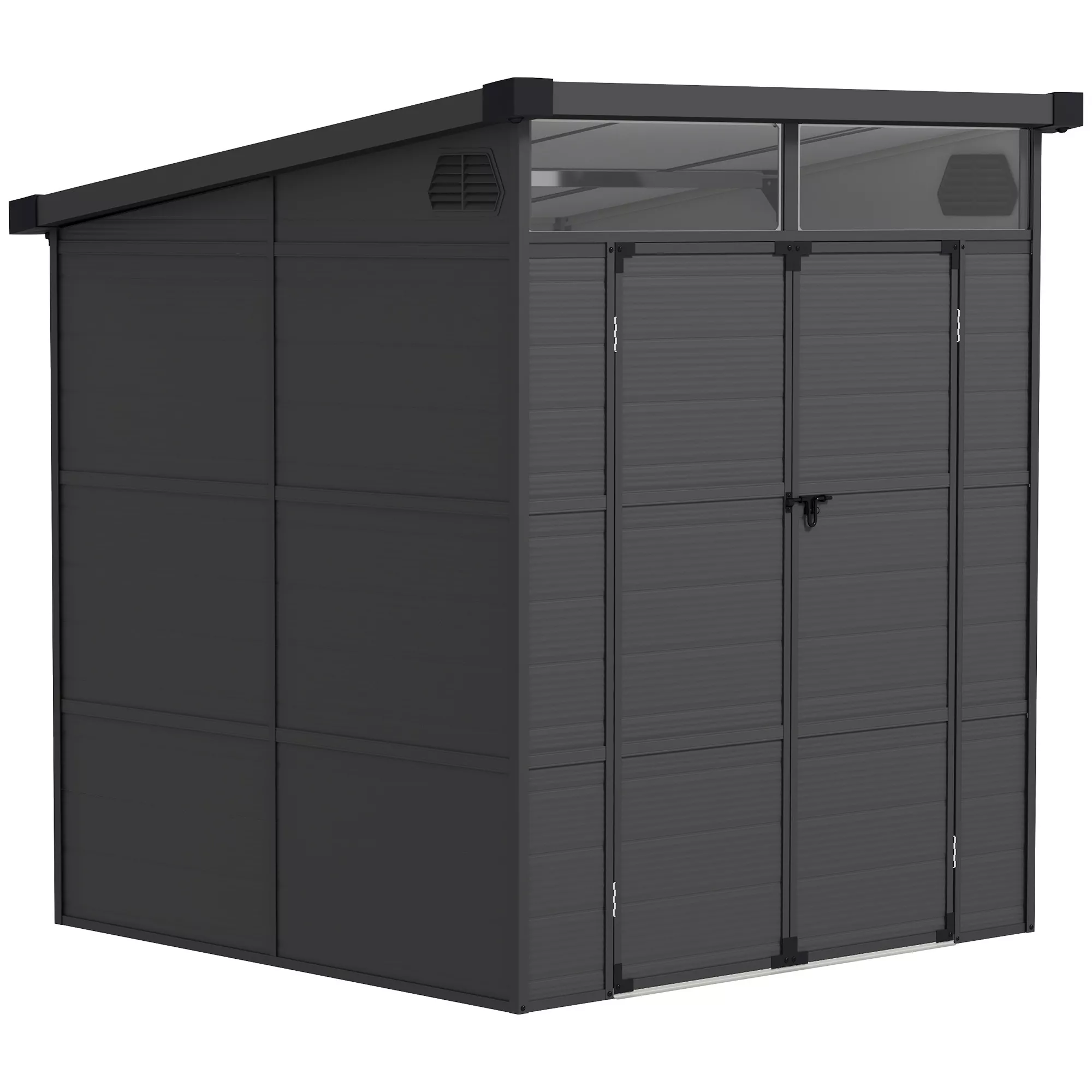 Outsunny 1,9 x 1,9 m Sodo namelis, įrankių namelis pagamintas iš plastiko, su užrakinamos durys, 2 ventiliacijos angos, tamsiai pilka