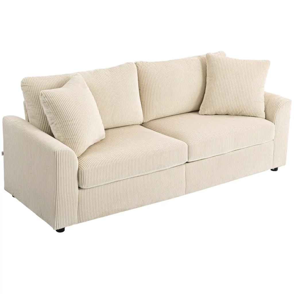 HOMCOM 3 vietų sofa, sofa su porankiais, pagalvėlėmis, minkšta sofa su kordu, storai paminkštinta poilsio sofa iki 450 kg svetainei, miegamajam 212 x 80 x 88 cm, kreminės baltos spalvos