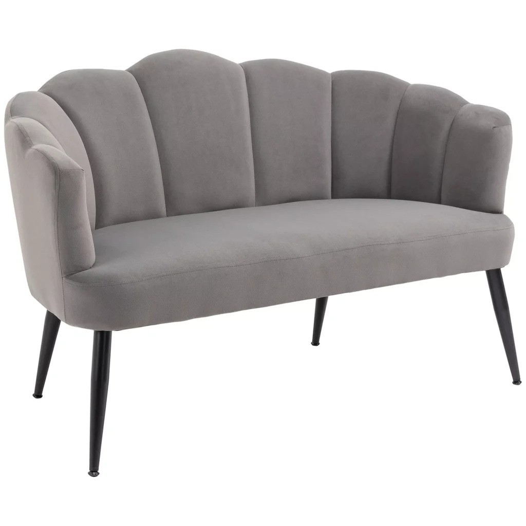 HOMCOM Dvivietė sofa 132 cm, su porankiais, kriauklės formos atlošu, maža moderni minkšta sofa aksomo išvaizda, su metalinėmis kojomis, skirta svetainei, miegamajam, pilka