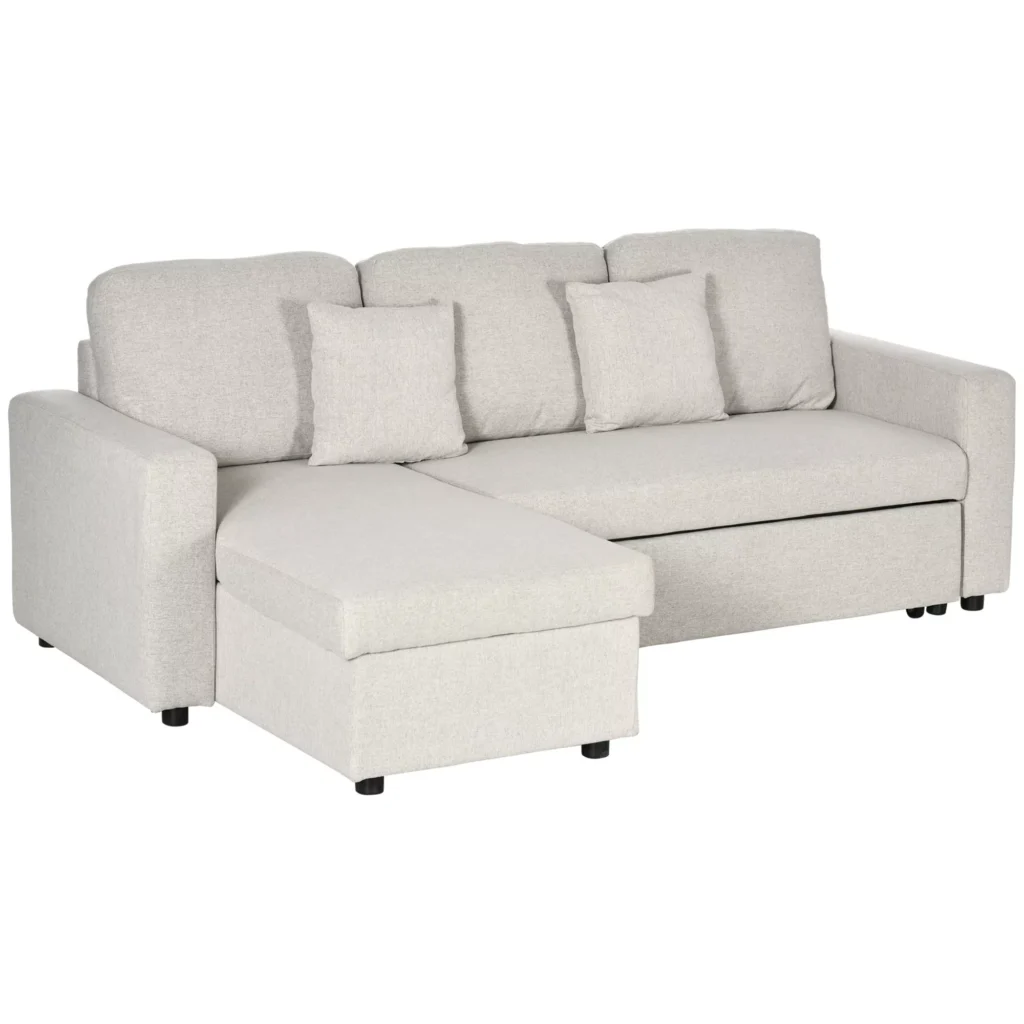 HOMCOM kampinė sofa-lova, kampinė sofa, lovos funkcija, dvivietė sofa, viengulė lova, L formos miegamoji sofa su daiktadėže, 2 pagalvės lino imitacija, skirta svetainei, kreminė balta