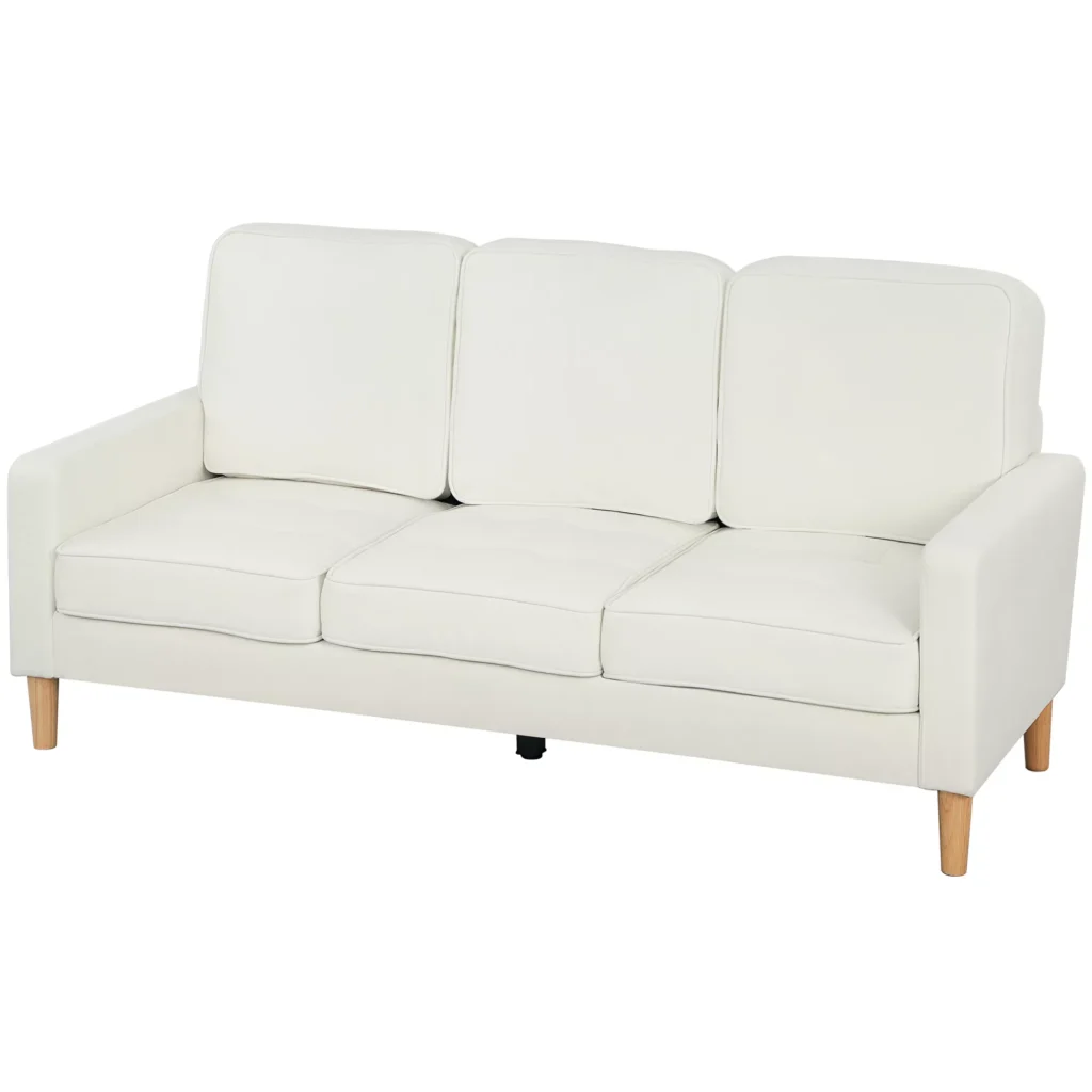 HOMCOM 3-vietisė sofa su storomis pagalvėlėmis, kaučiuko mediena, audinio užvalkalas, minkšta sofa svetainei, biurui, miegamajam, kreminės baltos spalvos
