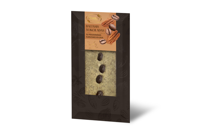 Baltasis šokoladas su pekaninėmis karijomis ir kava, 90g