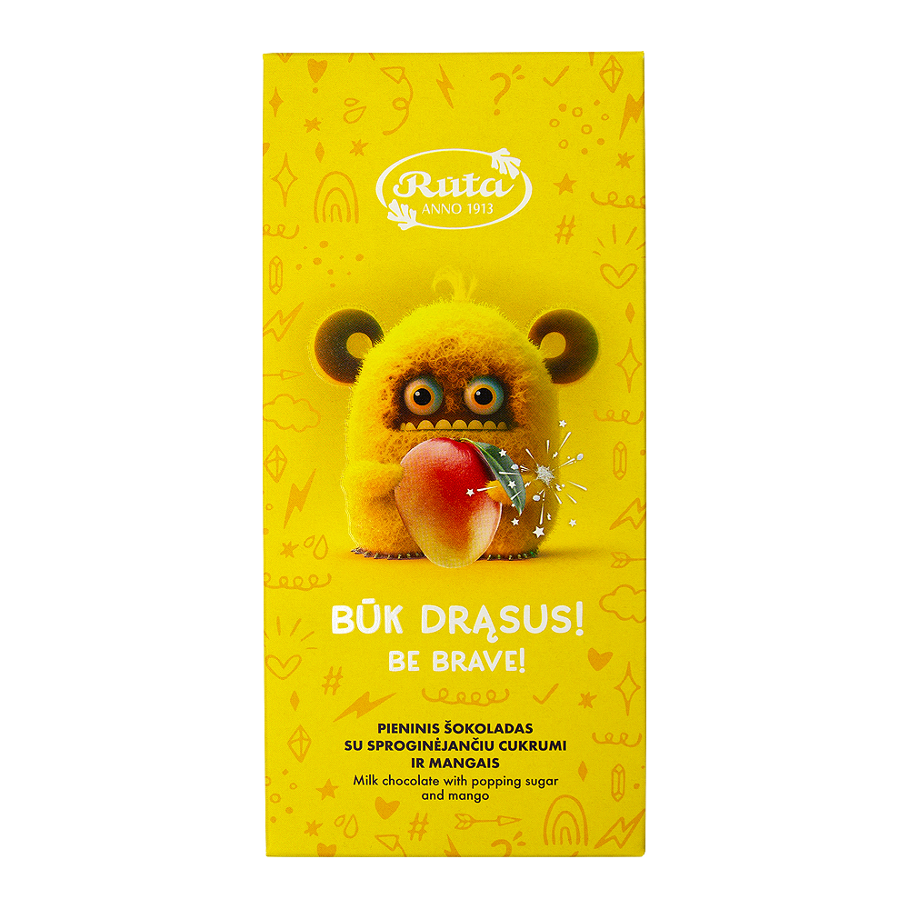 Pieninis šokoladas su sproginėjančiu cukrumi ir mangais „Bumciai“. BŪK DRĄSUS!,, 70g