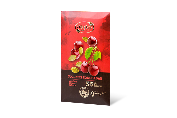Juodasis šokoladas 55% su moliūgų sėklomis ir vyšniomis, 90 g.