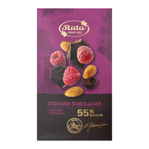 Juodasis šokoladas (55 %) su avietėmis ir migdolais, 90 g