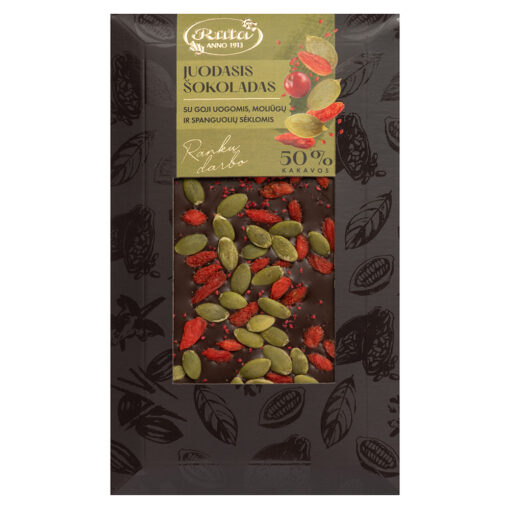 RŪTA Juodasis šokoladas 50 % su goji uogomis, moliūgų ir spanguolių sėklomis (100 g)
