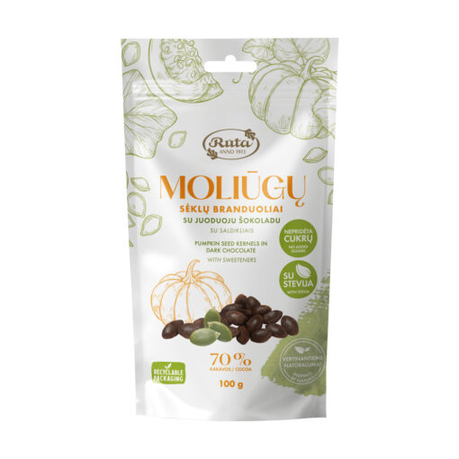 Rūta Moliūgų Sėklų Branduoliai su Juoduoju Šokoladu 70 % (su saldikliais) – 100 g