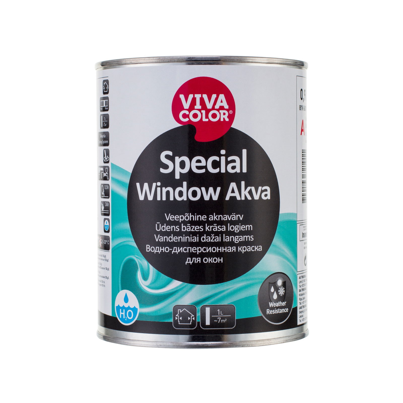 Langų rėmų dažai VIVACOLOR SPECIAL WINDOW AKVA, pusiau blizgūs, baltos spalvos, A bazė, 0,9 l