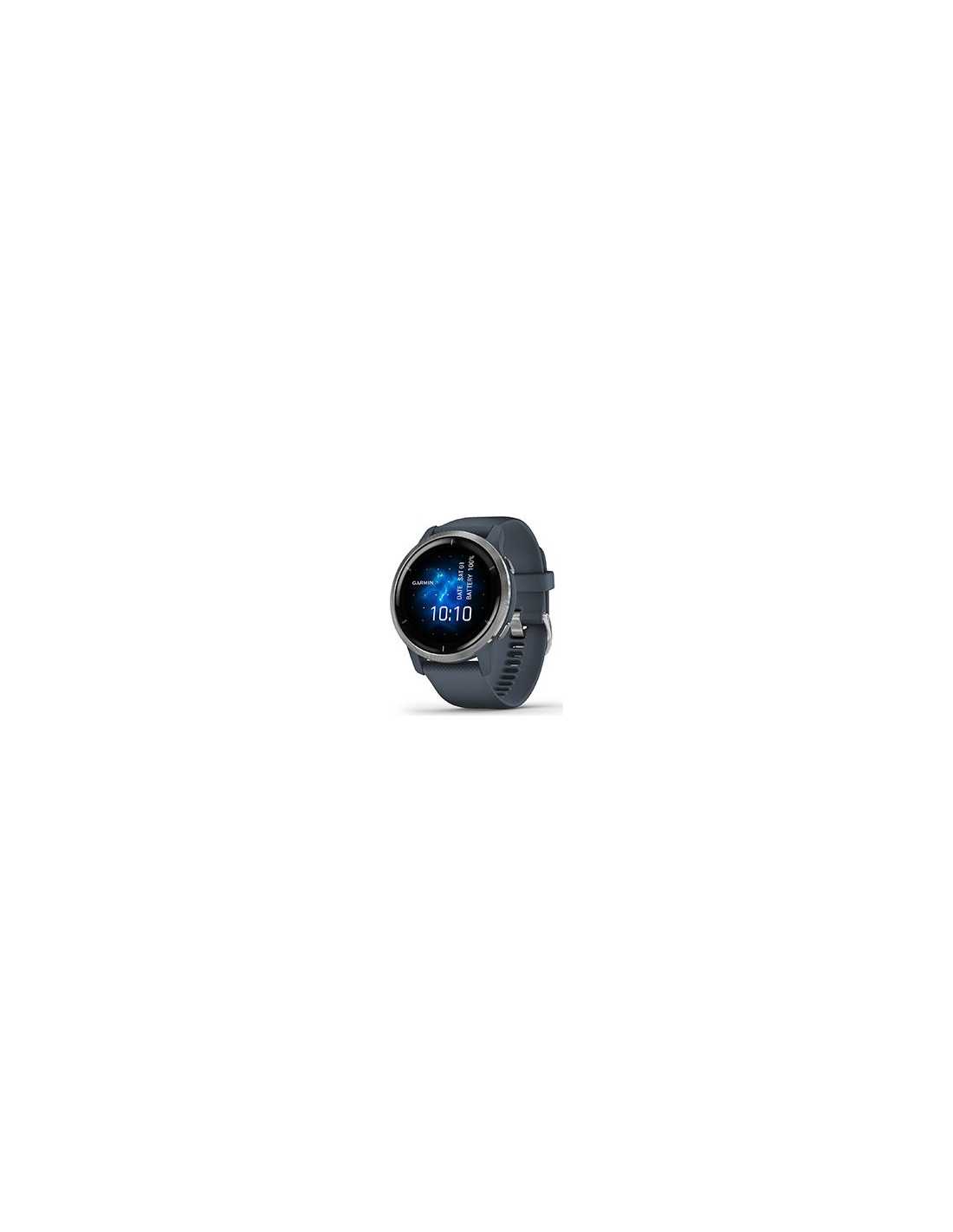 GARMIN VENU®2 Sidabro spalvos nerūdijančiojo plieno apvadas, su „Granite Blue“ mėlynu korpusu ir silikoniniu dirželiu