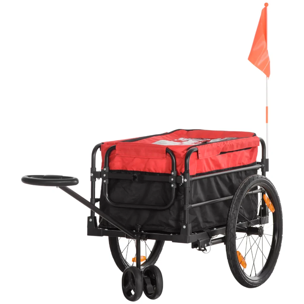 Dviračių priekaba su sukabinimo įtaisu, atšvaitais, rankena, iki 40 kg, raudona