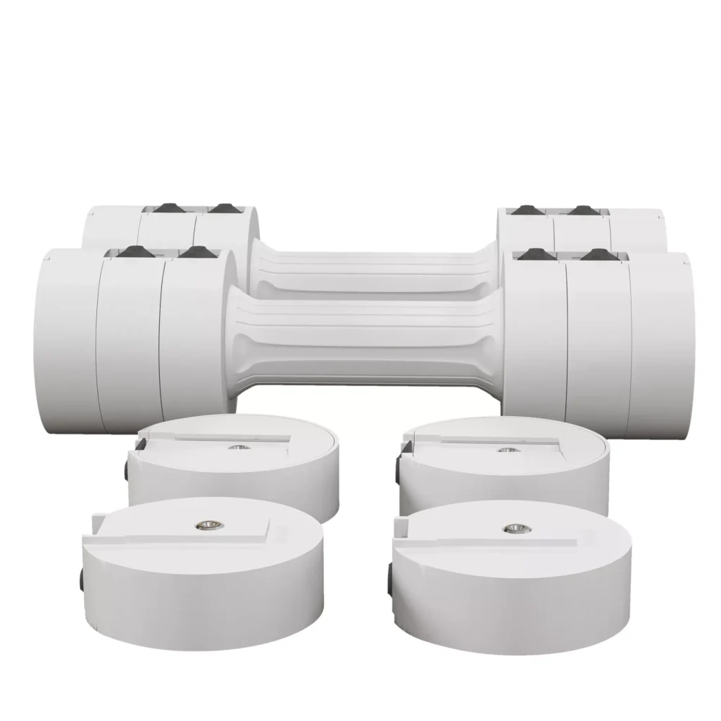 2 x 2,5 kg reguliuojamo svorio svarmenys, 1,1/1,8/2,5 kg vienam hanteliui, balta