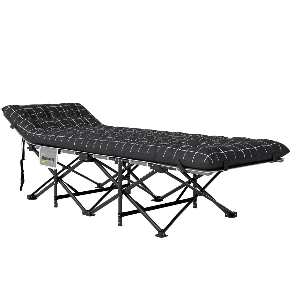 Outsunny Sulankstoma Stovyklavietės Lova, Sulankstoma Lova, Stovyklavimo Lova su Šonine Kišene, Čiužinys, Neslystanti Svečių Lova, Atlaikanti iki 150 kg, Lauko Oksfordo Audinys, Juoda, 190 x 67 x 37 cm