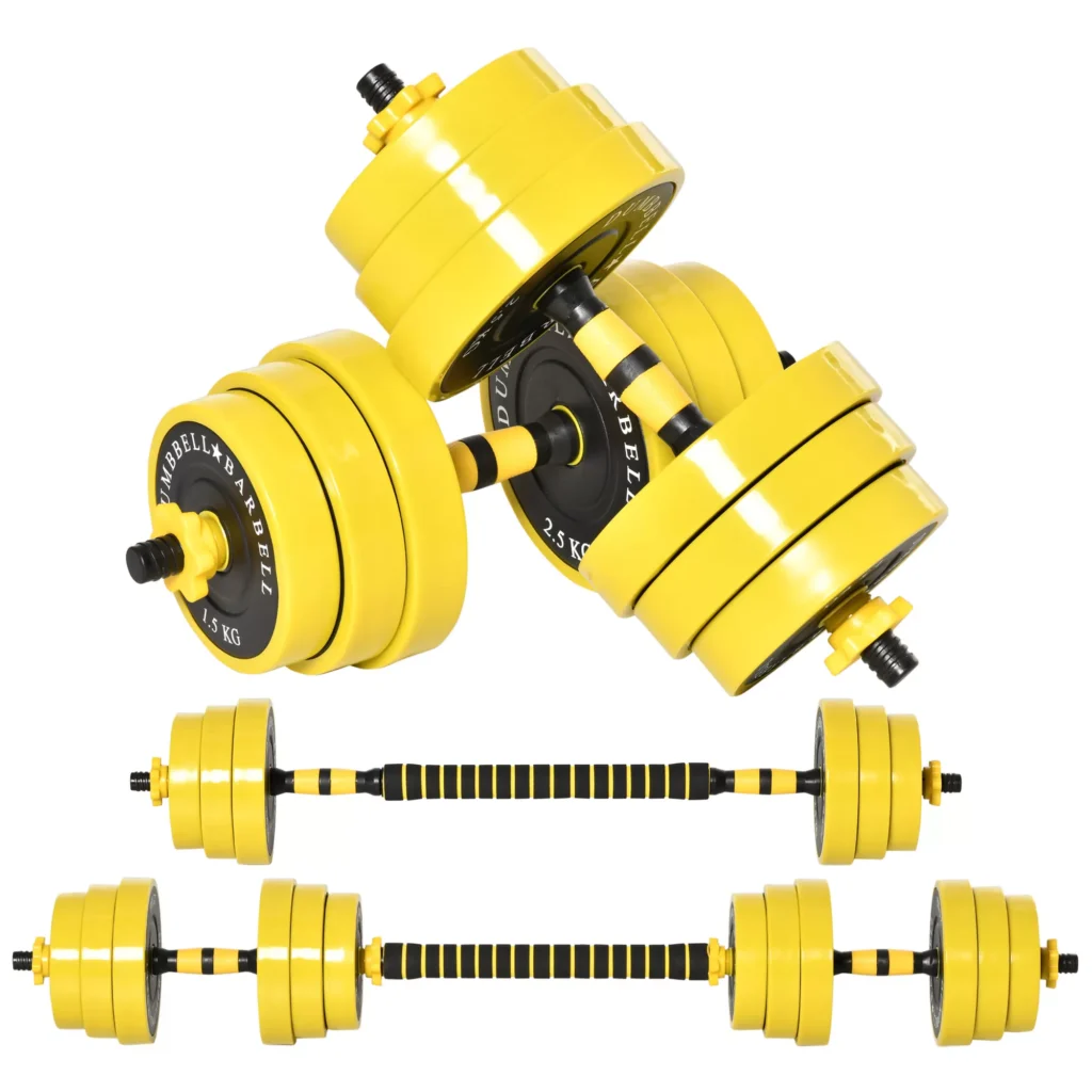HOMCOM 25 kg hanteliai ir štangos, reguliuojamas ergonomiškas 3-in-1 hantelių rinkinys, 12 × plokštelių, 2 × trumpi strypai, 1 × ilgas strypas, geltona + juoda
