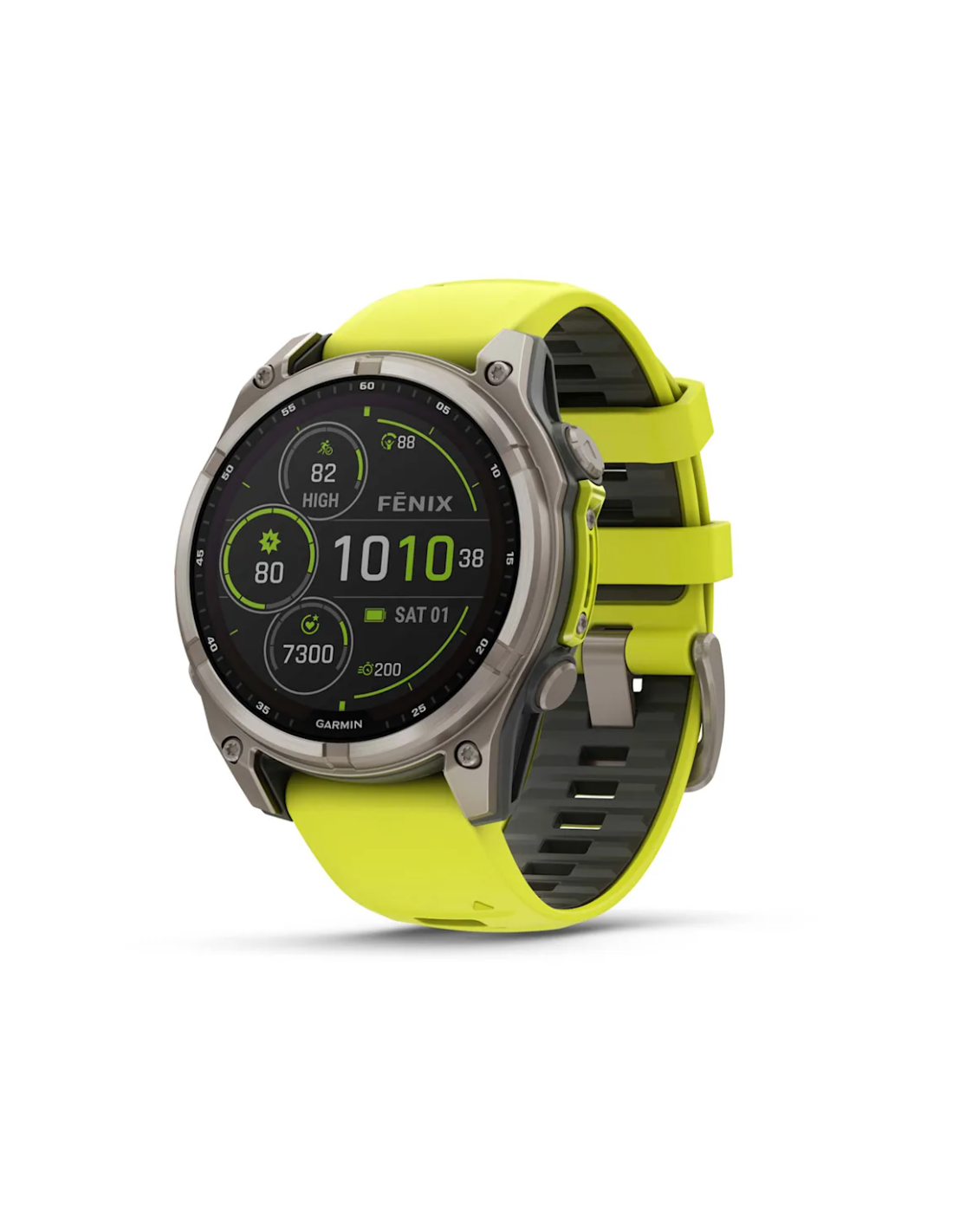 Fenix® 8“ – 47 mm, „Solar“, „Sapphire“ Sapphire, Titanas su ryškiai geltonu / grafito spalvos silikoniniu dirželiu