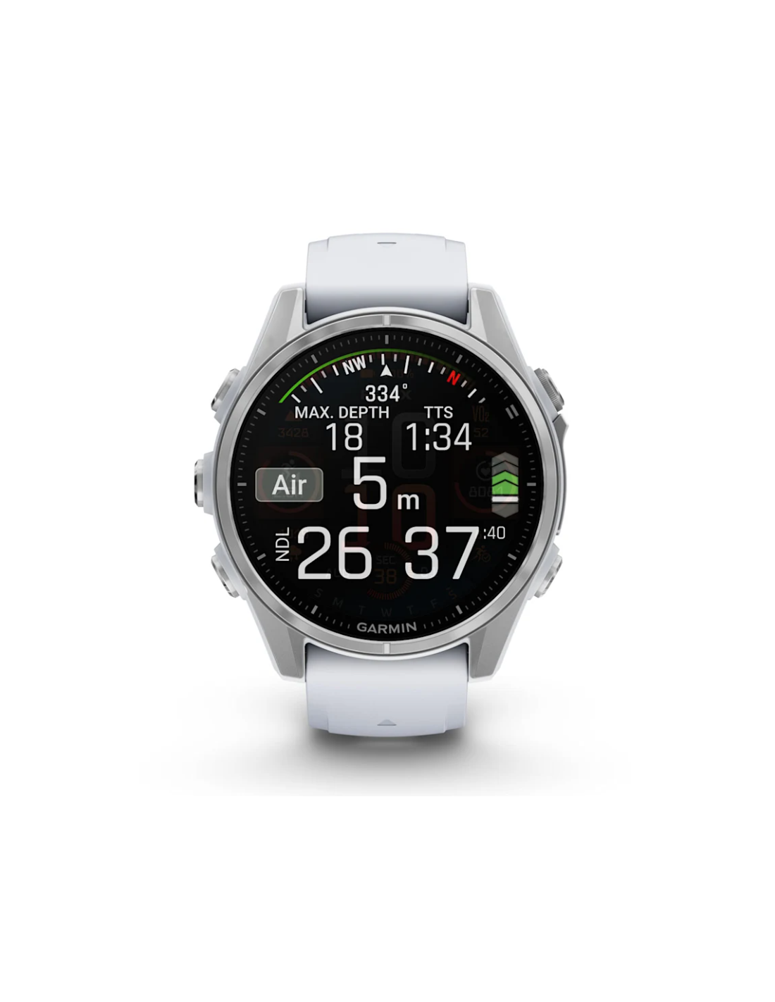 „Fēnix® 8“ – 43 mm, AMOLED Sidabrinis su baltojo akmens spalvos silikoniniu dirželiu