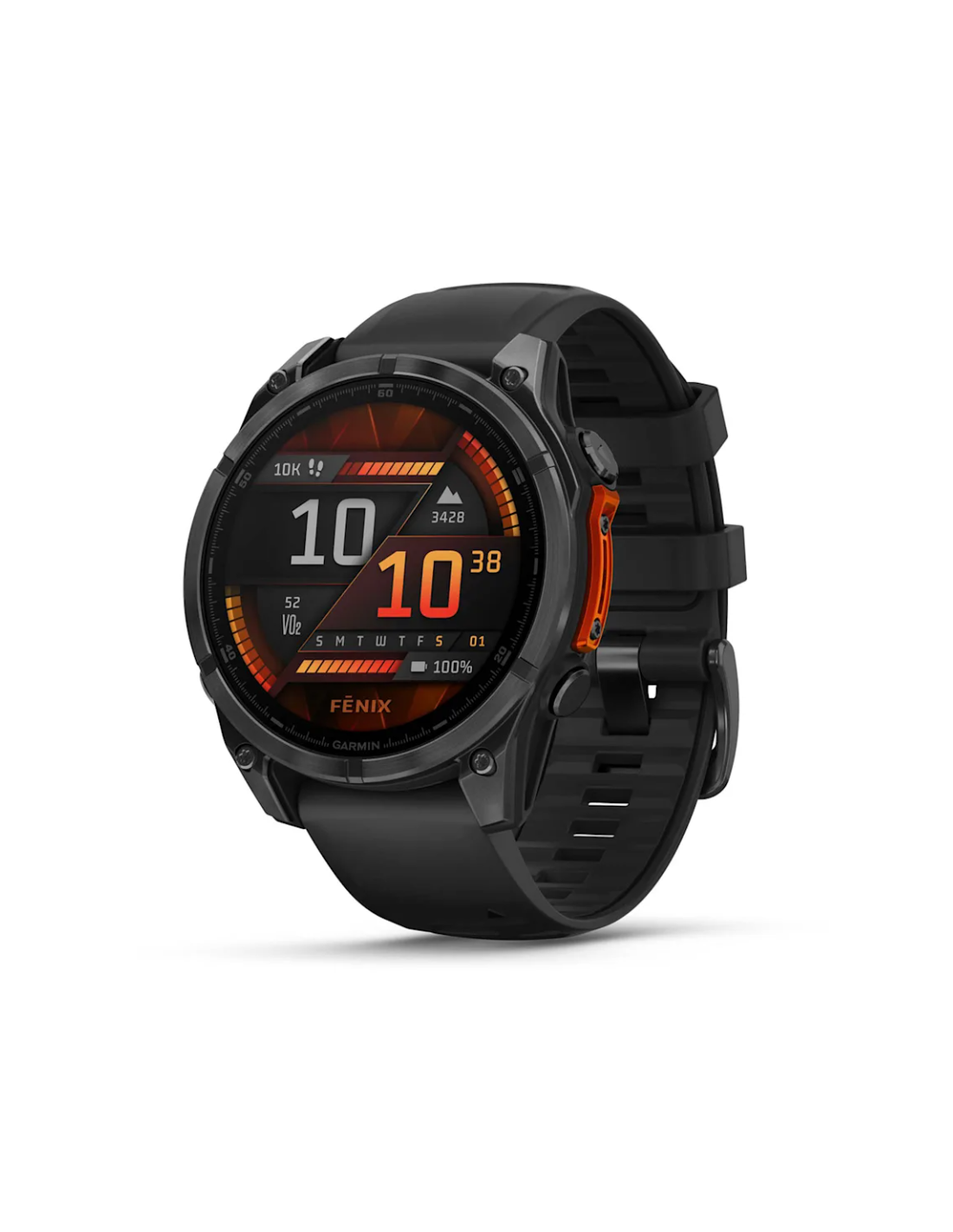 „Fēnix® 8“ – 47 mm, AMOLED Sapphire, Pilkos anglies spalvos DLC titanas su juodos / pilkos akmenukų spalvos silikoniniu dirželiu