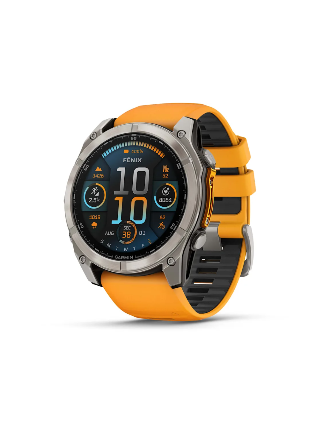 „Fēnix® 8“ – 51 mm, AMOLED Sapphire, titano su oranžiniu / grafito spalvos silikoniniu dirželiu