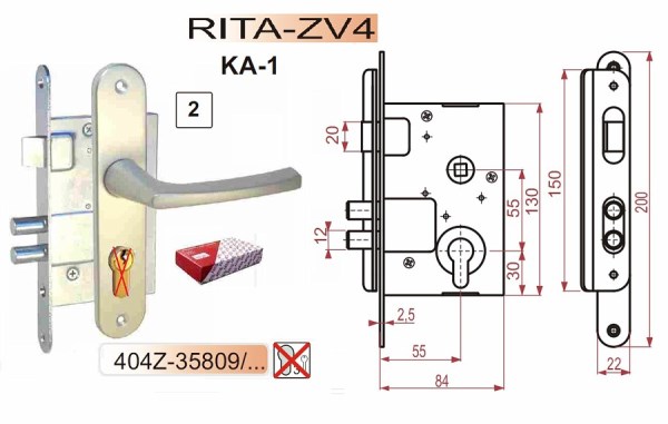 Spyna durų įleidžiama 55/55 mm balta su rankena be cilindro RITA 404Z-35809/2