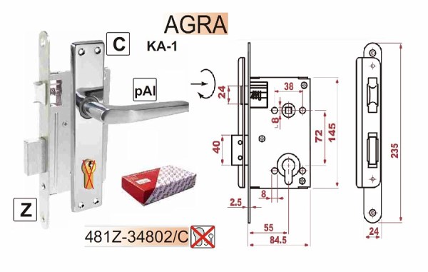 Įleidžiama durų spyna su rankena AGRA ZV45 481Z-34802/C, 72/55 mm