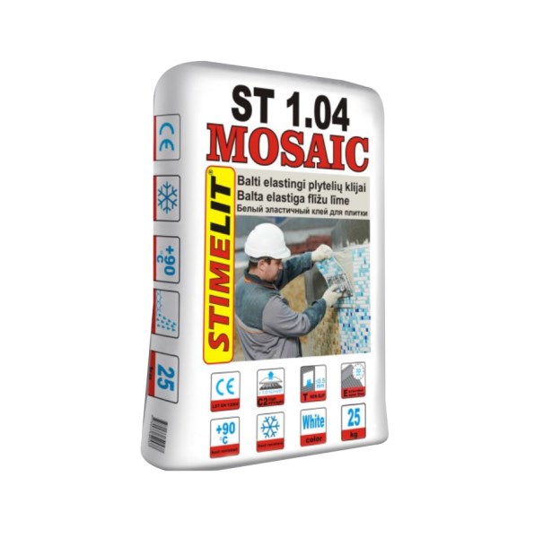 Balti elastingi plytelių klijai STIMELIT ST1.04 MOSAIC, sumažintas slysmas, 25 kg