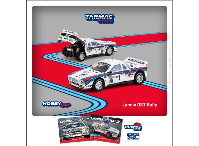 Tarmac Modeliukas 1/64 Lancia 037 Rally #1 W.Rohrl/C.Geistdorfer Winner Rally Monte Carlo 1983, white/red/blue
Model car + Trading Cards Combo set