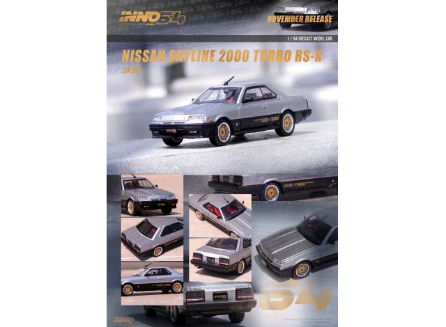 PRE-ORD3R Inno64 Modeliukas 1/64 Nissan Skyline 2000 Turbo RS-X (DR30), silver/black with gold rims