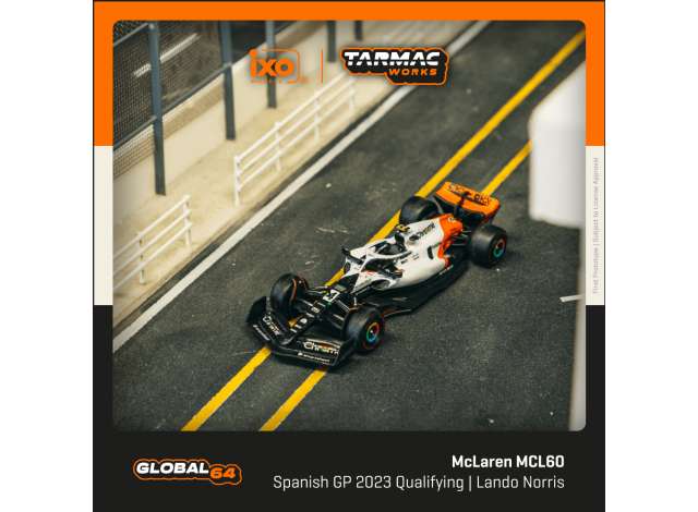 PRE-ORD3R Tarmac Modeliukas 1/64 McLaren MCL60 Lando Norris, Spanish Grand Prix 2023 Qualifying, white/black/orange