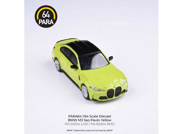 PRE-ORDER Para64 Modeliukas BMW M3 G80 *Right Hand Drive*, Sao Paulo Yellow (cars in a deluxe Acrylic window box)