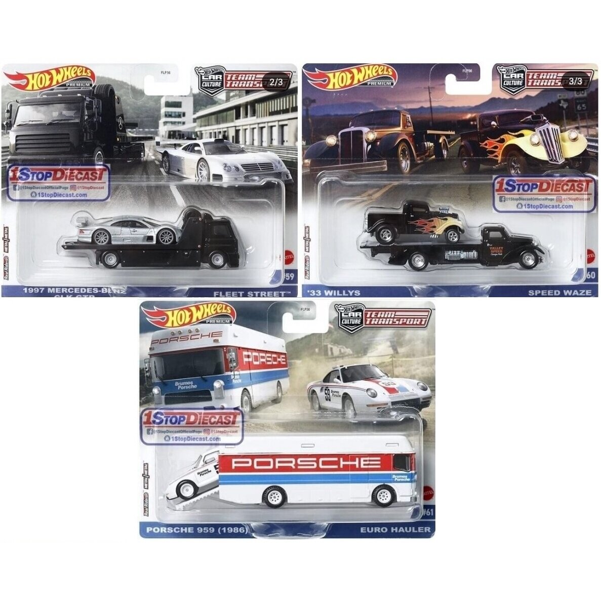 Hot Wheels Premium Team Transpport Modeliukas ’97 Mercedes-Benz CLK-GTR / Fleet Street + Porsche 959 (1986) / Euro Hauler + ’33 Willys / Speed Waze