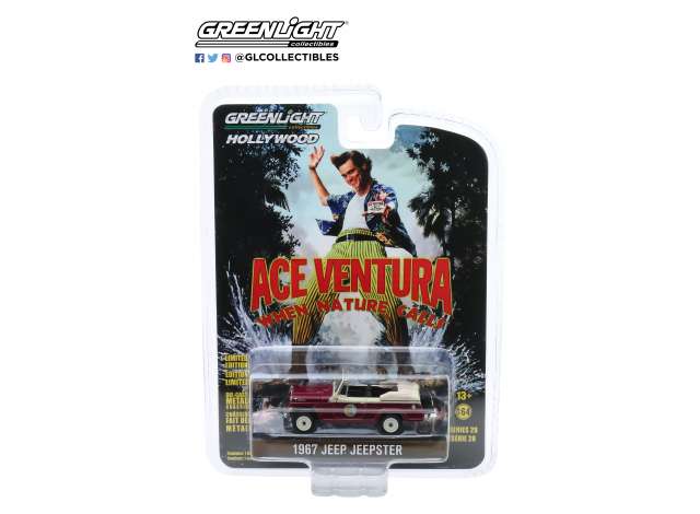 PRE-ORD3R GreenLight Modeliukas 1967 Jeep Jeepster Convertible Ace Ventura: When Nature Calls (1995) *Hollywood series 28*, creme/red