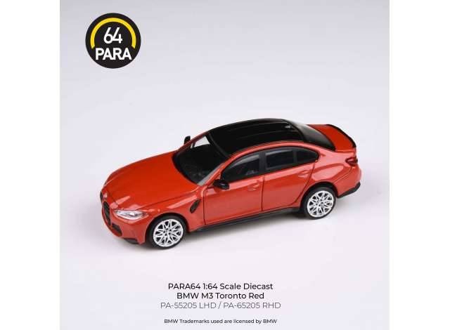 Para64 Modeliukas BMW M3 G80 *Right Hand Drive*, Toronto Red (cars in a deluxe Acrylic window box) (yra Sandėlyje)