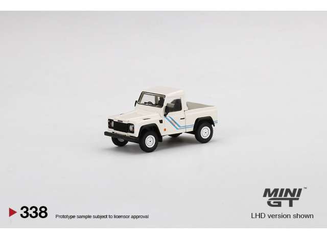 PRE-ORD3R Mini GT Modeliukas 1/64 Landrover Defender 90 pick-up, white/blue stripes