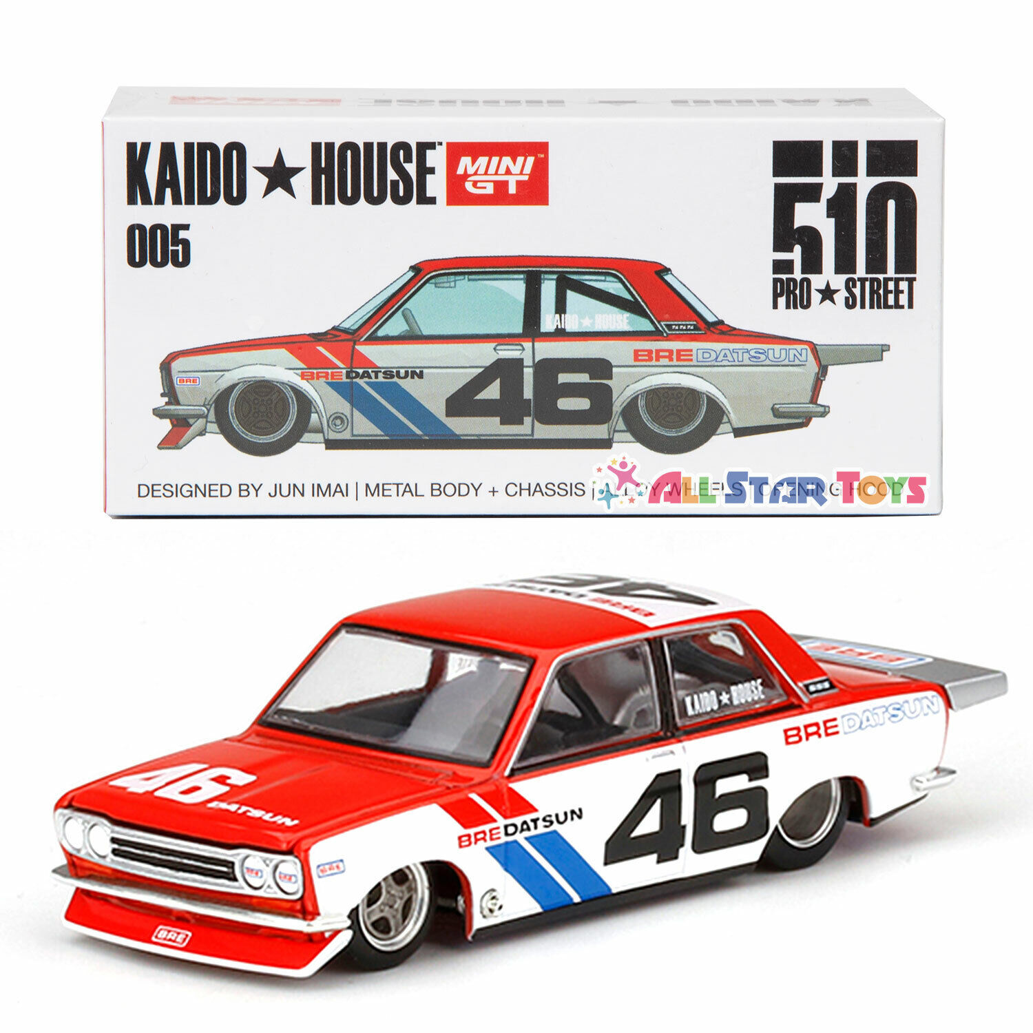 Mini GT Kaido House Modeliukas Kaido House Datsun 510 Pro Street BRE510 V1, red/w (yra sandėlyje)