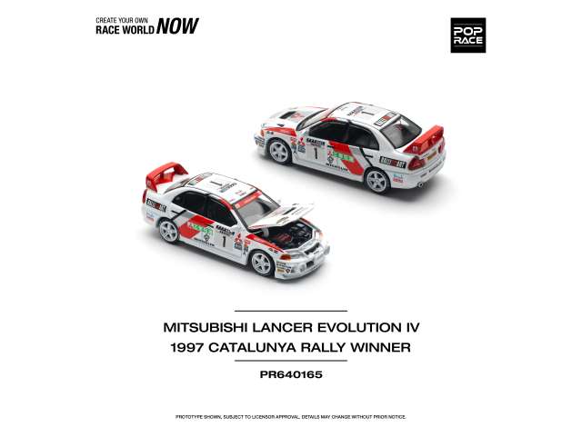 PRE-ORD3R Pop Race Modeliukas 1/64 1997 Mitsubishi Lancer Evo IV #1 Winner Rally de Catalunya, white/red
