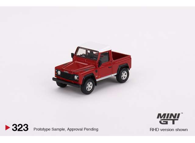 PRE-ORD3R Mini GT Modeliukas 1/64 Land Rover Defender 90 Pick-up, masai red/white roof