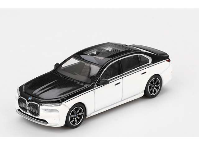 PRE-ORD3R Mini GT Modeliukas 1/64 2024 BMW I7 Xdrive60, alpine white/black sapphire