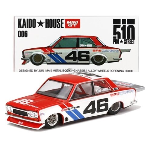 PRE-ORDER Mini GT Kaido House Modeliukas Kaido House Datsun 510 Pro Street BRE510 V2 #46, red/white/blue with 8 spoke rims