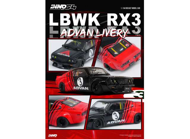 PRE-ORD3R Inno64 Modeliukas LBWK Mazda RX3 Savanna *Advan Livery*, black/red